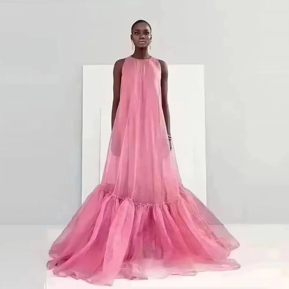 

New Pink Tulle Women Dress Fashion Prom Gowns Ruffled Full Length A line Long Evening Gown Sleeevless Maxi Dress Custom Made