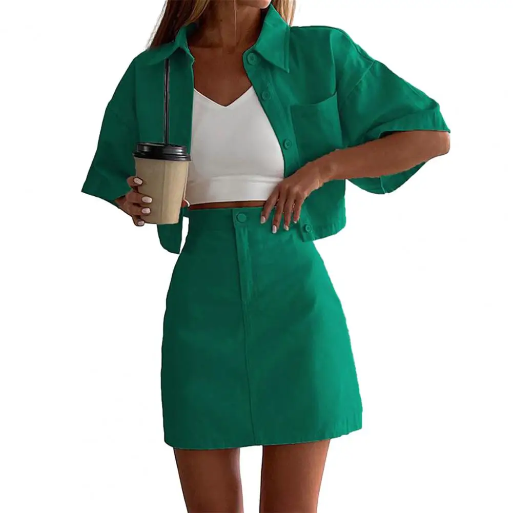 

Women's Shirt Skirt Set with Lapel Collar Short Sleeve Buttons Placket Shirt High Waist Short Outfit