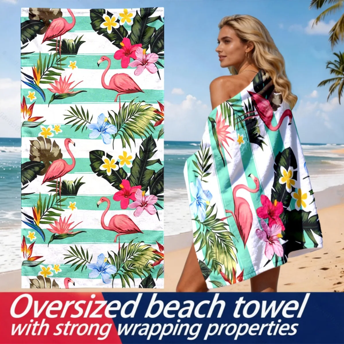 

Striped tropical flamingo motif polyester microfiber beach towel is highly absorbent, suitable for swimming and beach outings