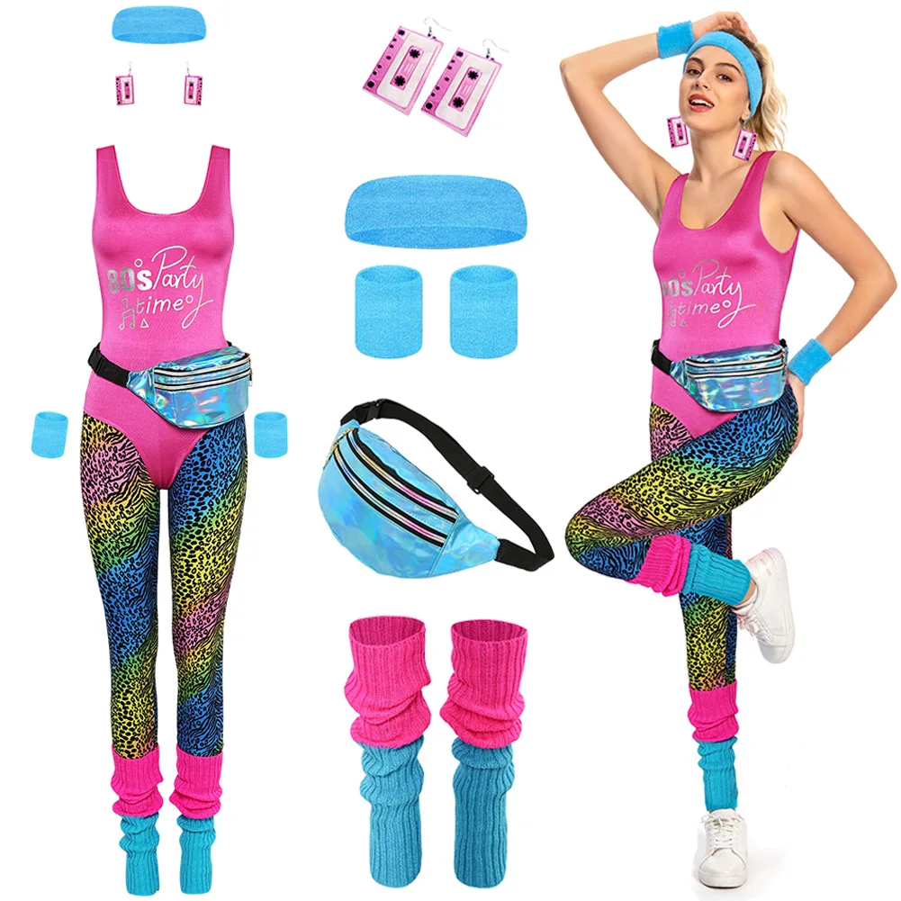 7PCS 80s Retro Vintage Cosplay Fitness Clothing Women Roleplay Workout Costume Headband Legging Earrings Female Carnival Suits