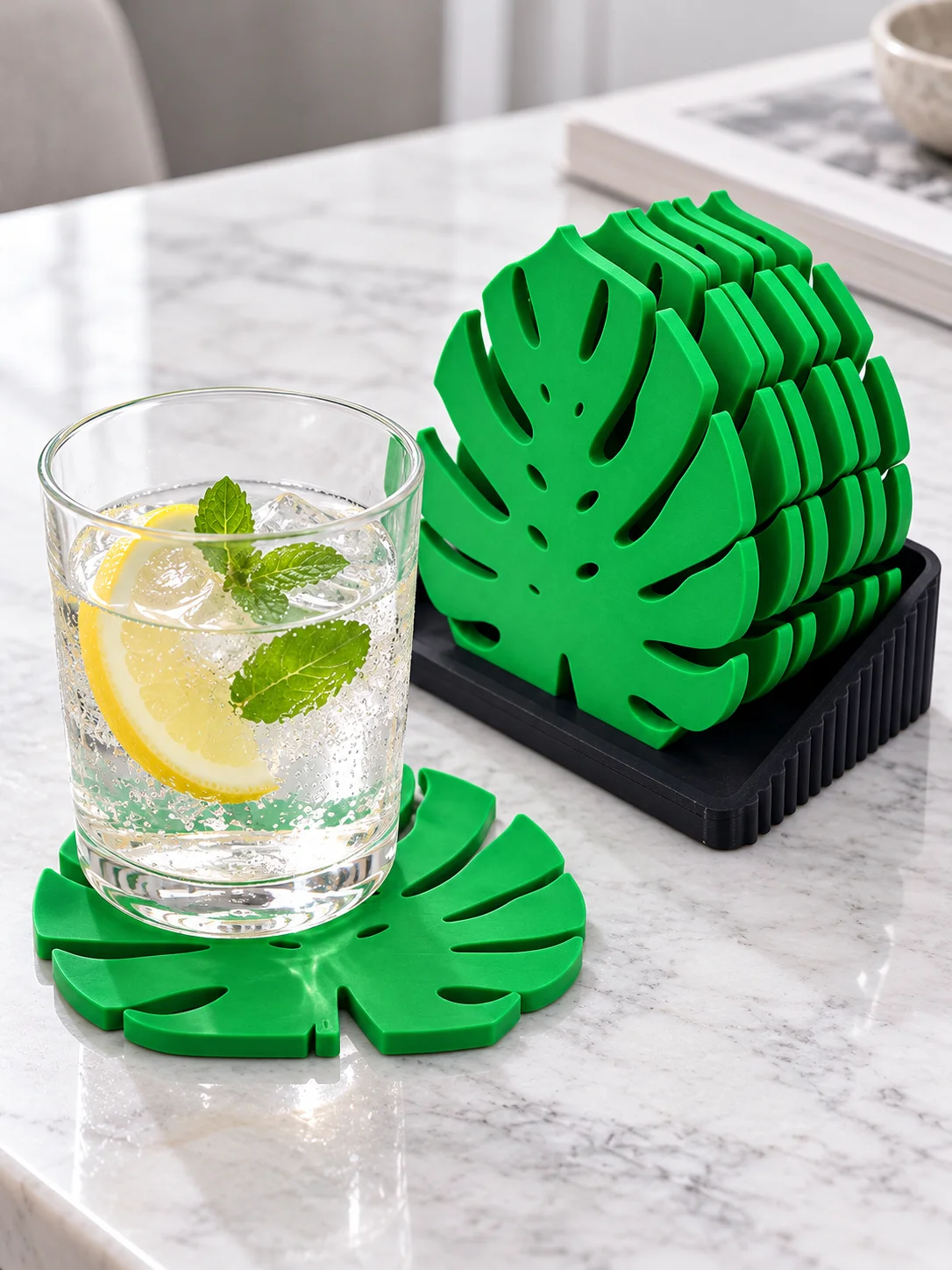 7-Piece Set of Unique Bar Coasters, Restaurant Table Accessories, 3D Printed Pla Material, Monstera Leaf-Shaped Coasters with Storage Rack, Tropical Green Leaf Tea Coasters, Wine Coasters, Drink Coasters, Creative Plant-Shaped, Eye-Catching, Suitable for Various Dining Settings, Non-Slip, Heat-Resistant, Waterproof, Anti-Scalding, Reusable, Easy to Clean, Table Protection, Space-Saving Storage, Suitable for Restaurants, Commercial Use, and General Home Use