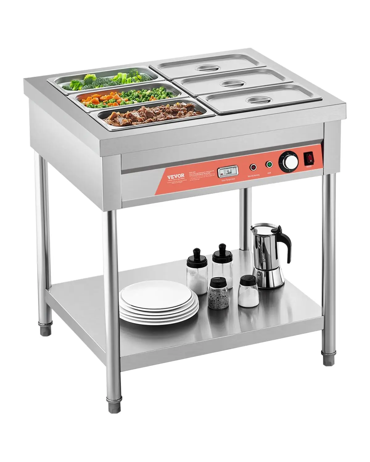 6-Pan Commercial Food Warmer, 6 x 1/3 Pans Electric Steam Table, 1500W Professional Buffet Catering Food Warmer with