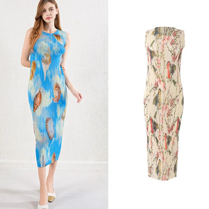 

Miyake Pleated Dress Printed Thin Temperament Loose Sleeveless Undershirt Dress Round Neck 2026 Summer Bottom Knee-length Skirt