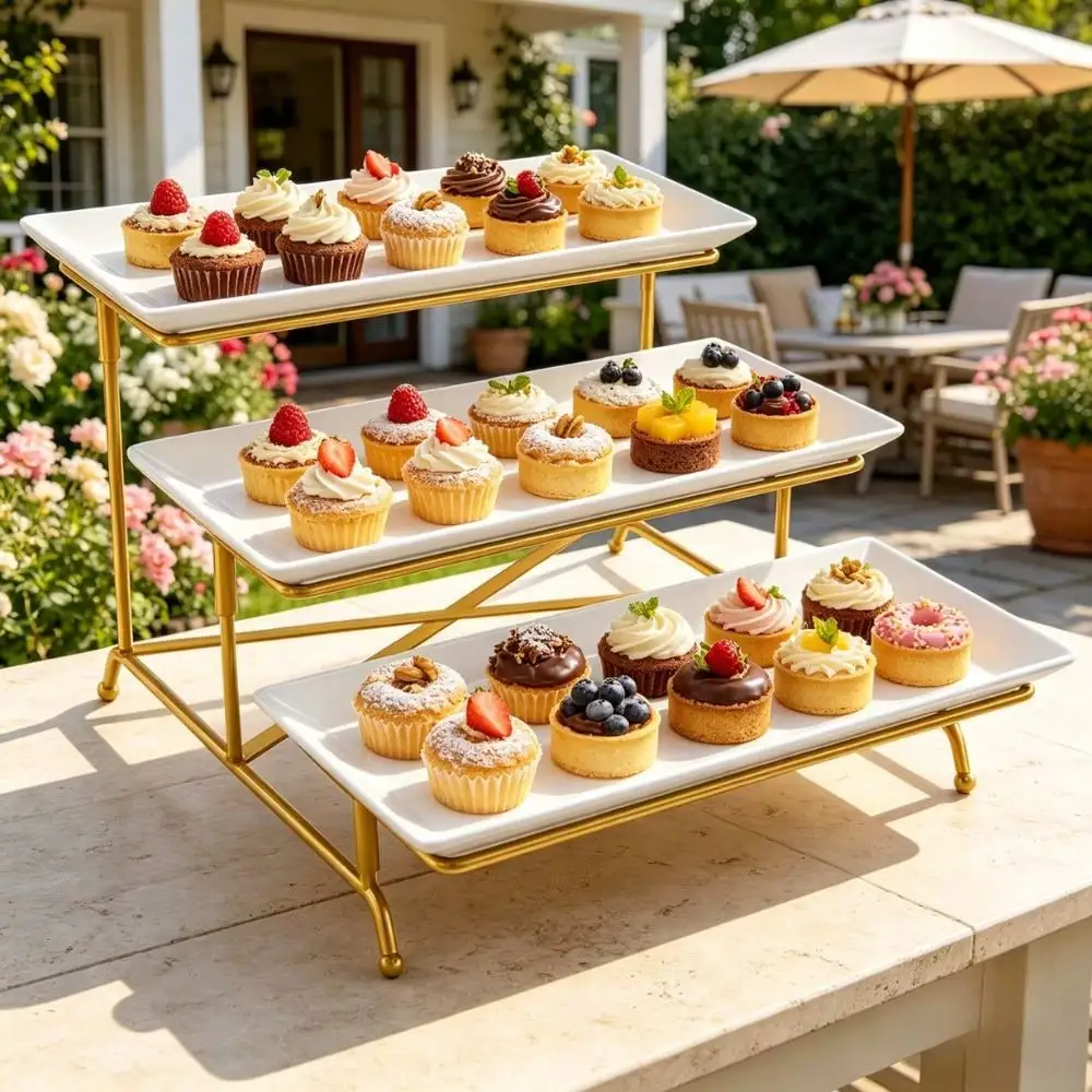 

3-Tier Collapsible Dessert Stand with 3 Plastic Trays, Cupcake and Snack Display Stand for Weddings, Parties, and Holiday