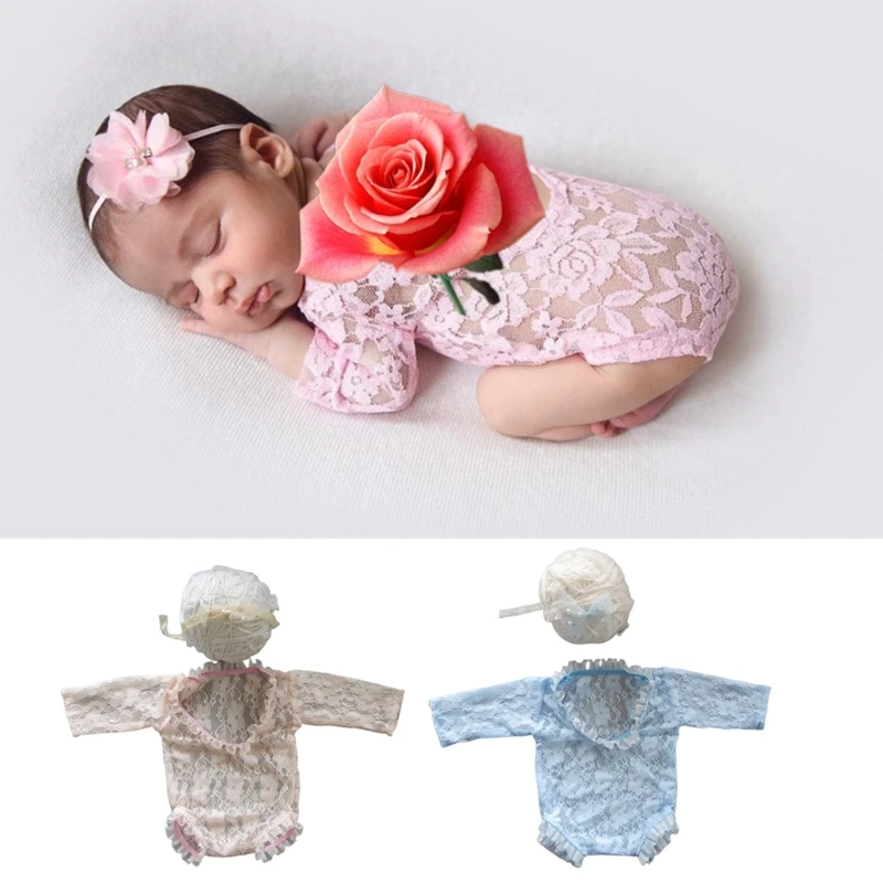 Baby Photo Clothing Princess Lace Jumpsuit Bow Headband Half/Long Sleeved Romper Newborn Shower Party Decor Posing Props