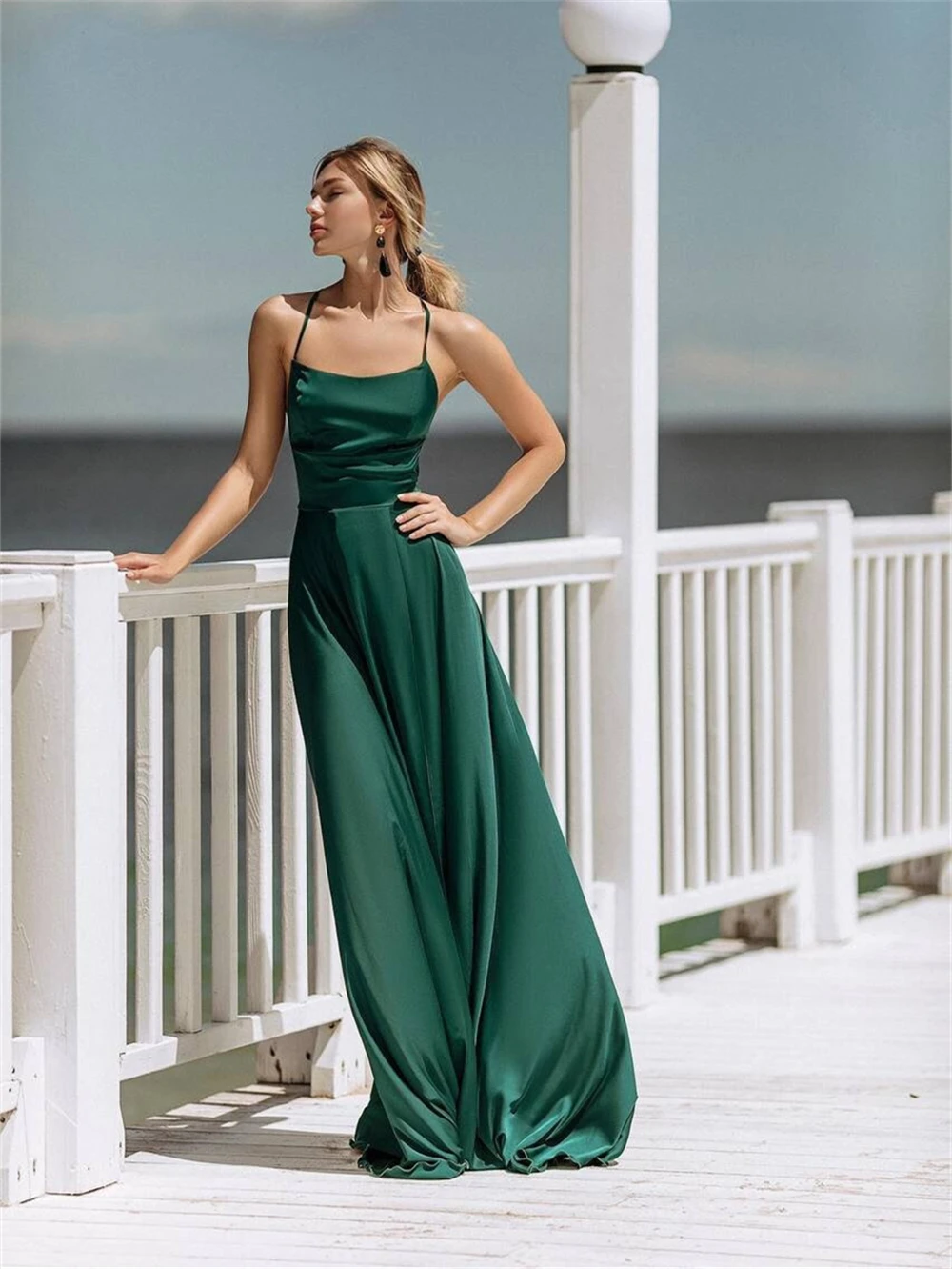 

Silky Satin Spaghetti Women Dress Backless Sexy Beach Prom Dress Bridesmaid Wedding Party Gown Custom Made Dresses With Slit