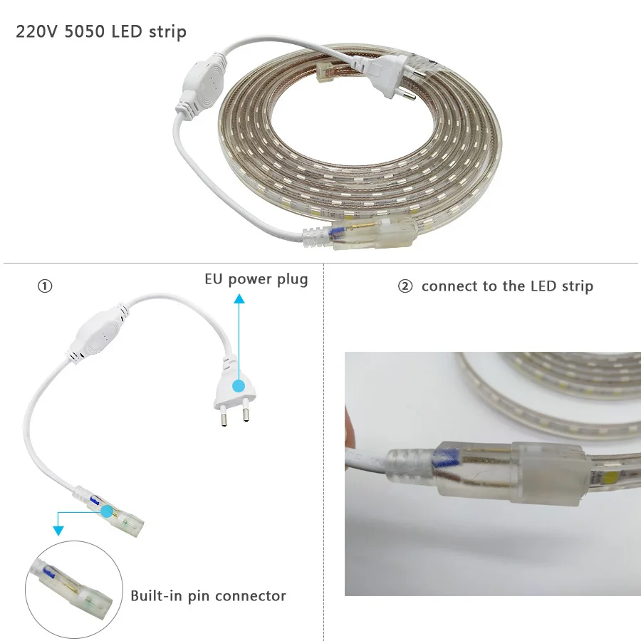 LED Strip Light 220V Waterproof Led strip High Brightness 5050 Flexible Kitchen Outdoor Garden Led Lights With Power Plug 1M-20M