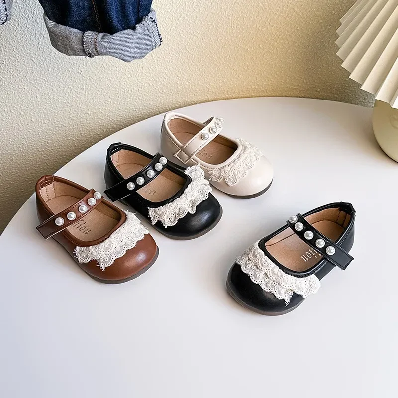 

Children Princess Shoes for Girls 2025 Spring Autumn New Fashion Korean Style Soft Bottom Anti-slipper Baby Lace Leather Shoes