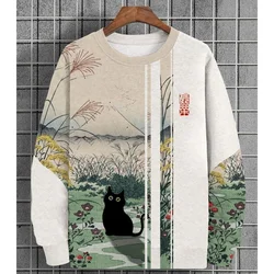 Flower Leaf Cat Pattern Hoodie For Men Plant Stripe 3D Printed Pullover Spring Autumn Long Sleeve Round Neck Hoodies Sweatshirts