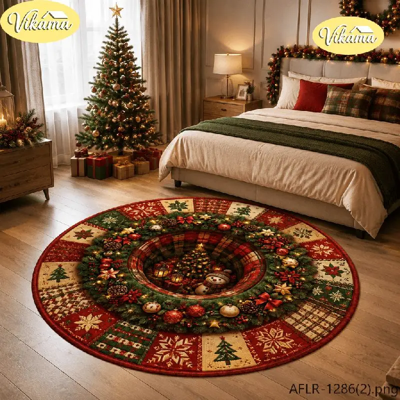 VIKAMA Christmas Round Rug 3D Christmas Wreath Pinecone Berry Area Rug Living Room Holiday Home Decor Aesthetic Art Large Cute