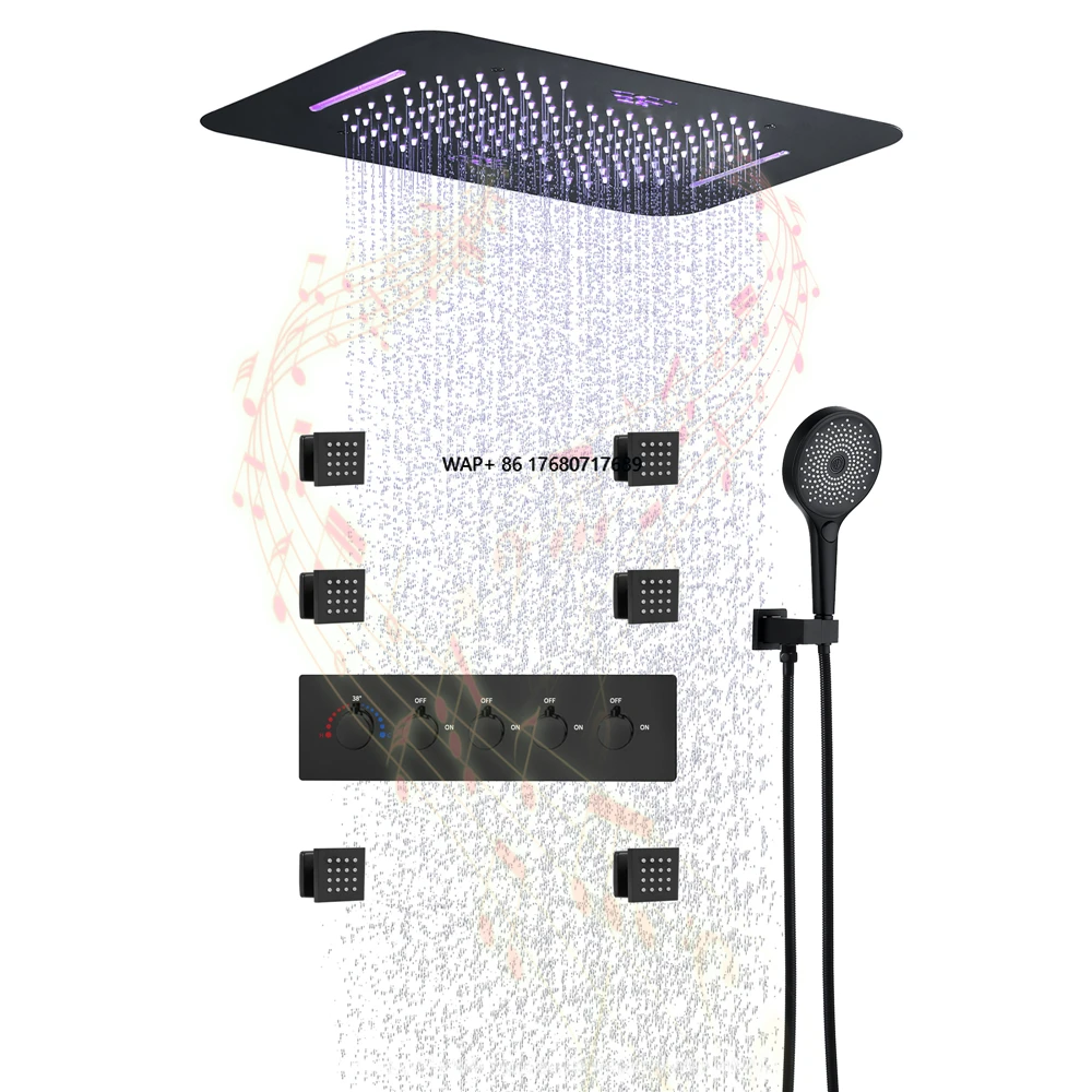 

Modern Bathroom Faucet Wall Mount Rain Waterfall Rectangle 23x15 Inch Music LED Shower Brass Thermostatic Shower Valve