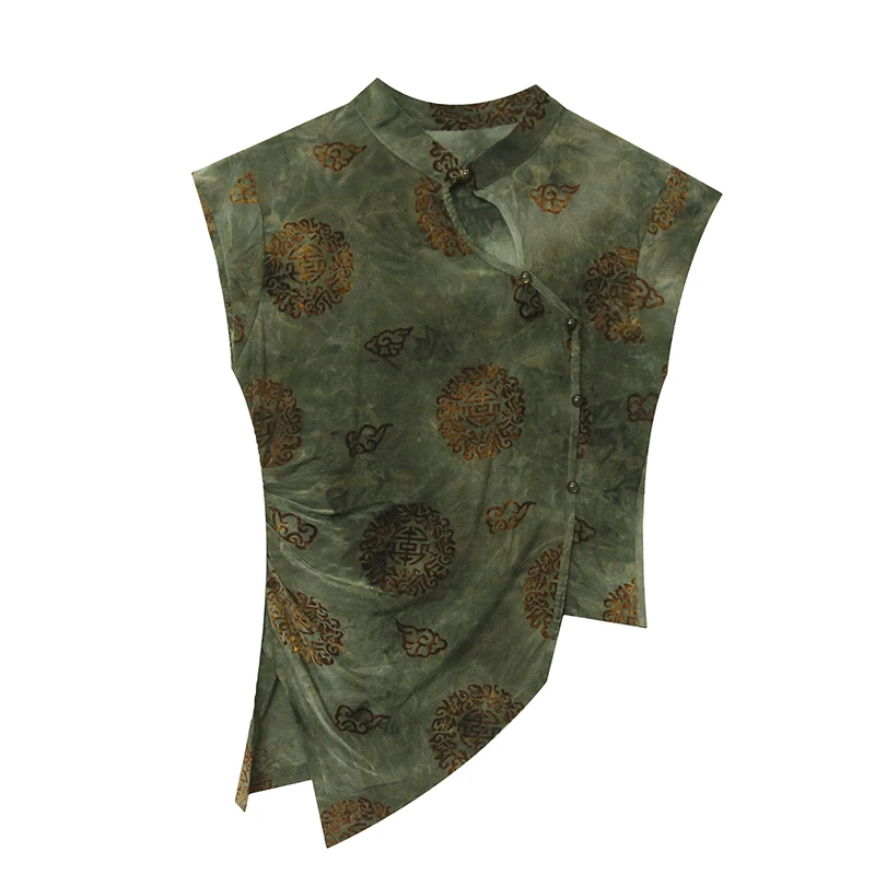 2024 New Summer Vintage Style T-Shirt Sexy Stand Hollow Out Cheongsam Buckle Irregular Pattern Tops Women Short Sleeve Tees 4301