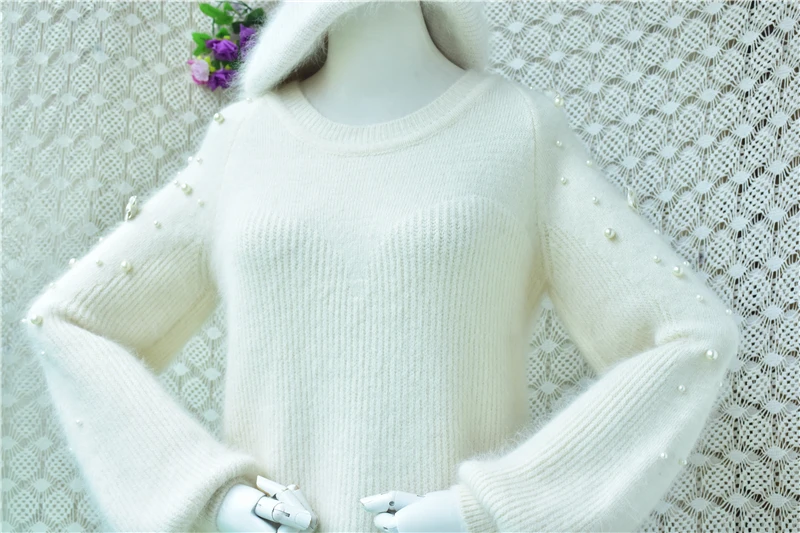 Ladies Women Autumn Winter Beige Beading Hairy Angora Rabbit Hair Knitted O-Neck Long Lantern Sleeves Slim Sweater Jumper Pull
