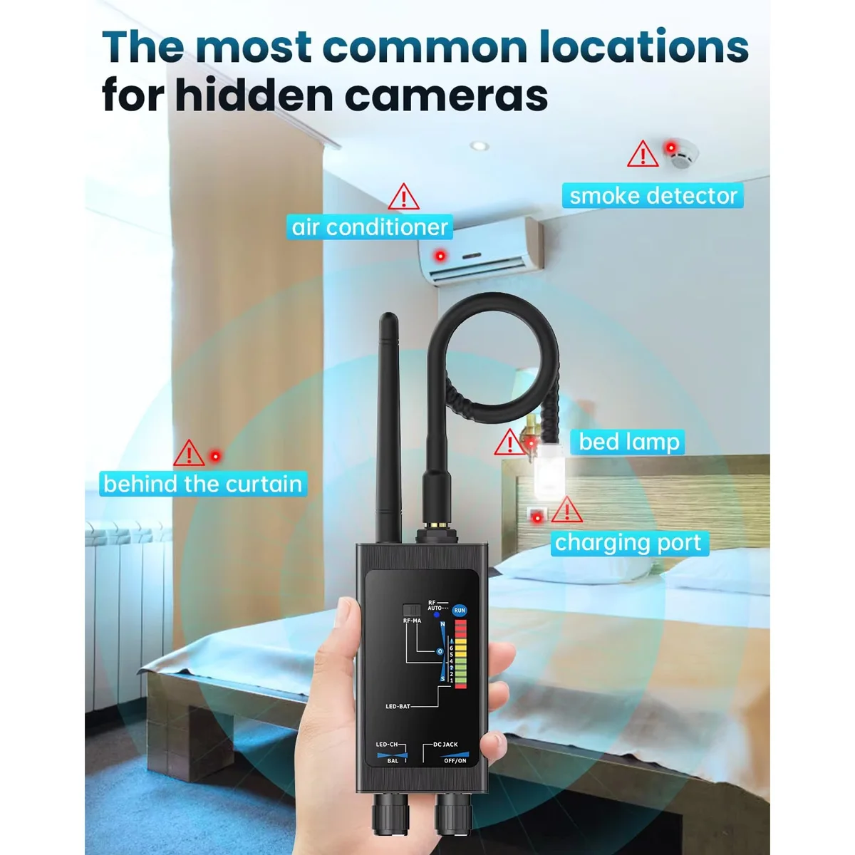 كاشف الأخطاء المخفية، مضاد للتنصت/مكافحة التتبع، كشف الأخطاء 99.99%، البحث التلقائي، محمول للفندق/الأعمال