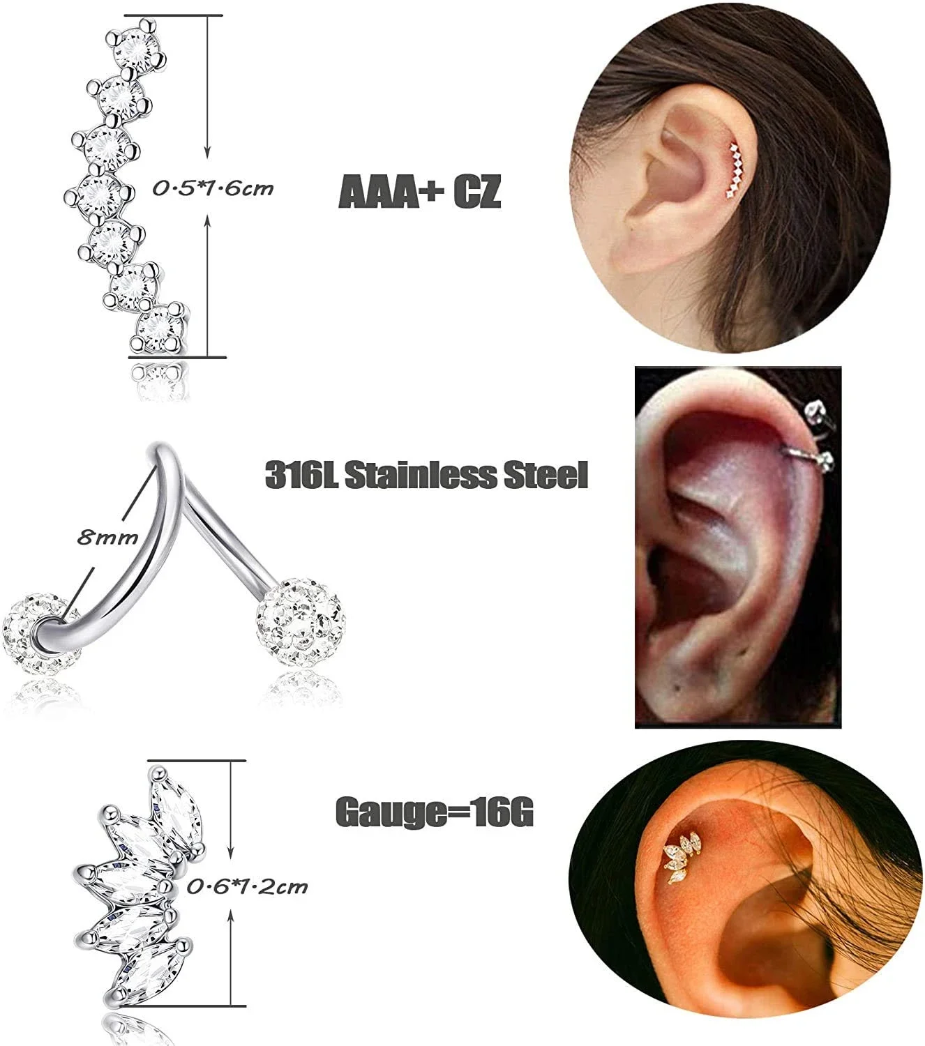 Fashion Crystal Zircon Cartilage Piercing Earrings Set Women Stainless Steel Spiral Tragus Stud Earring Body Jewelry