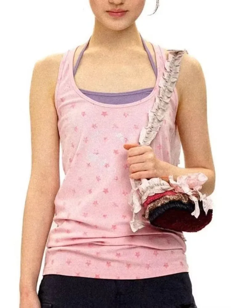 Star Print Vest Women American Retro Sleeveless Slim Tops Two Piece Sets Summer Sweet Spicy Girl Y2k Aesthetic Tanks