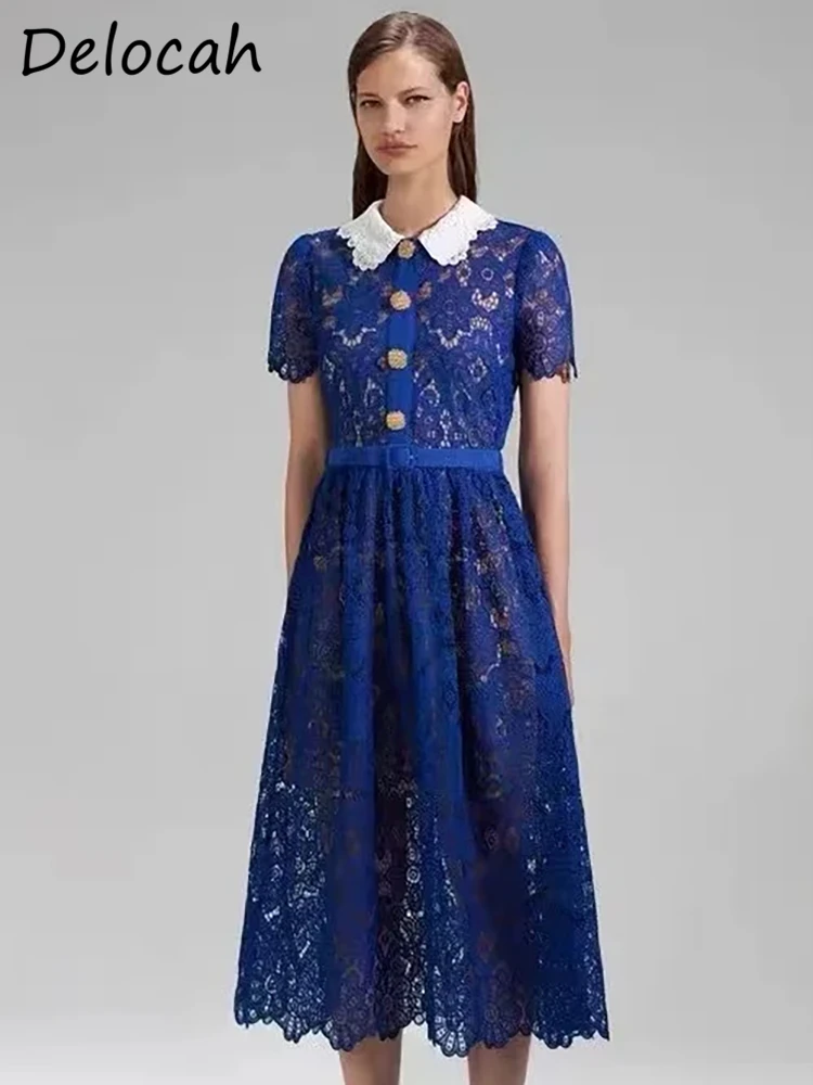 

Delocah High Quality 2023 Summer Women Fashion Designer Midi Dress Short Sleeve With Belt Lace Hollow Out Blue A-Line Dresses