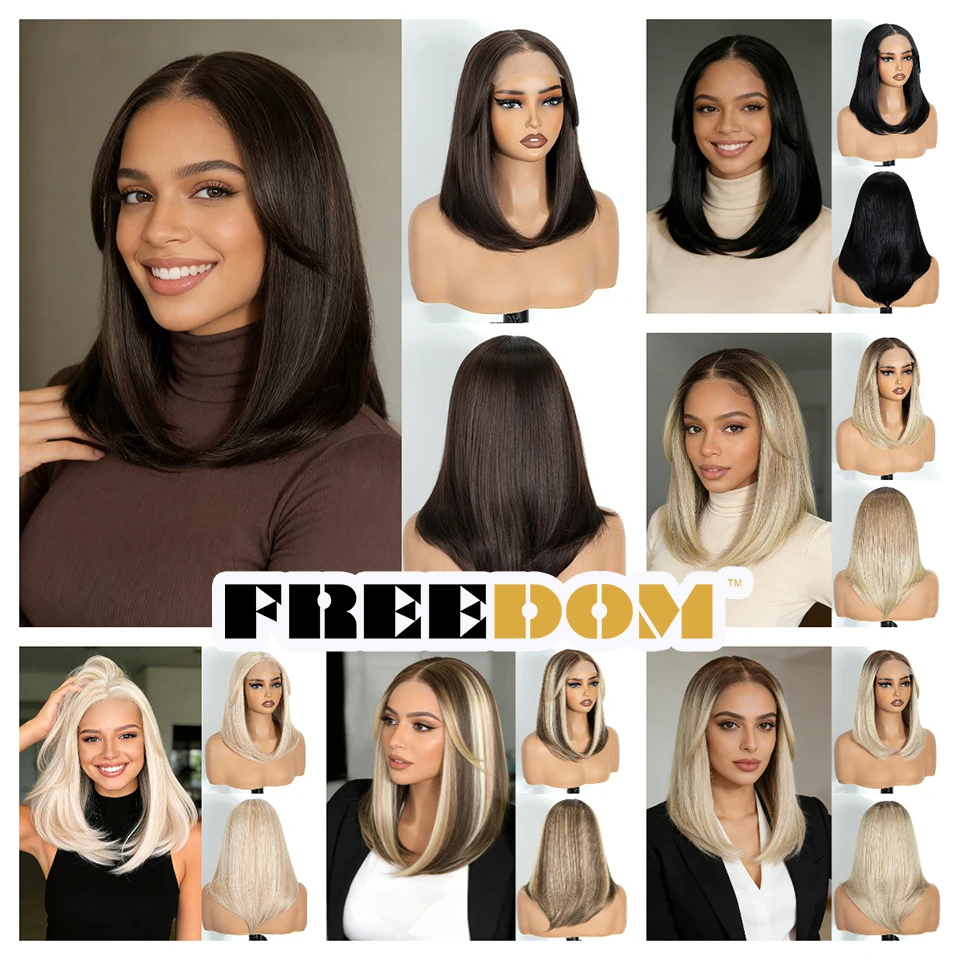 FREEDOM Synthetische Lace-Front-Perücken für Damen, 6x4 Lace-Perücke mit vorgezupftem Haaransatz, 18 Zoll, Bob-Schnitt, Ombré-Braun mit blonden Strähnen, Perücke für den täglichen Gebrauch. – Detail 1