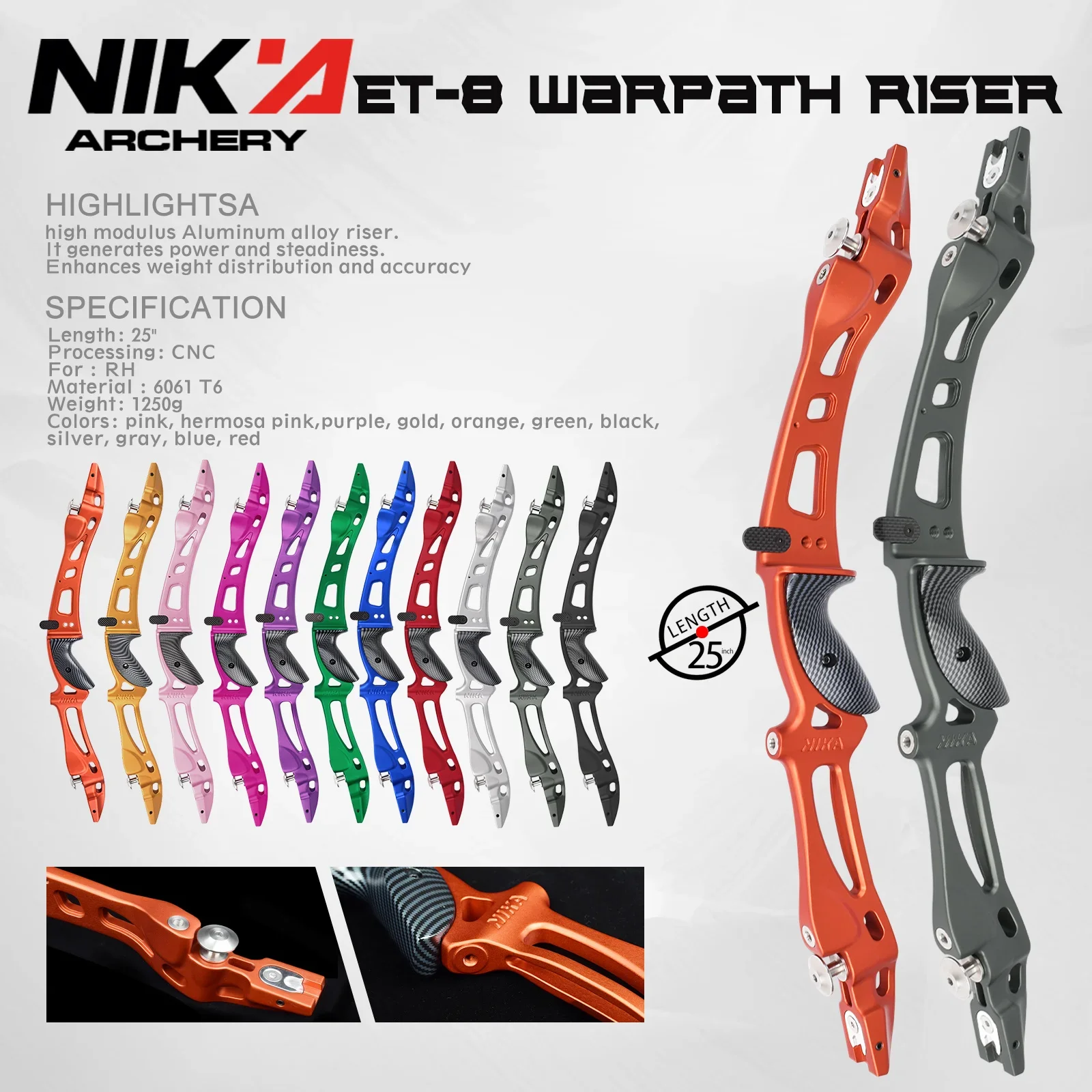 NIKA Archery 25" ILF CNC Recurve Bow Riser Left/Right Hand 3K Carbon Fiber Handle Traditional Take Down Bows ET-8 Warpath Riser - view 3