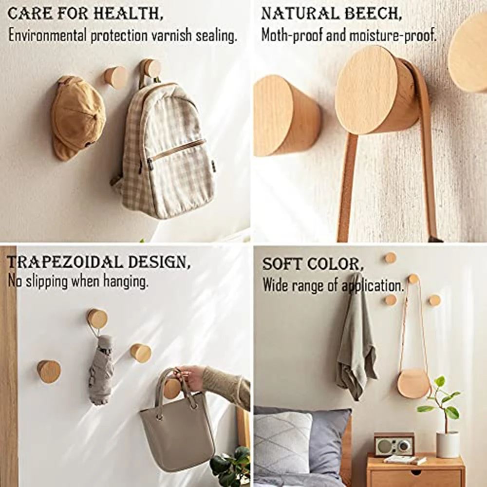 Wood Wall Hooks, 3 Pack Coat Hooks Wall Mounted, Decorative Sturdy Coat Rack Hooks. Wooden Wall Hanger for Hanging