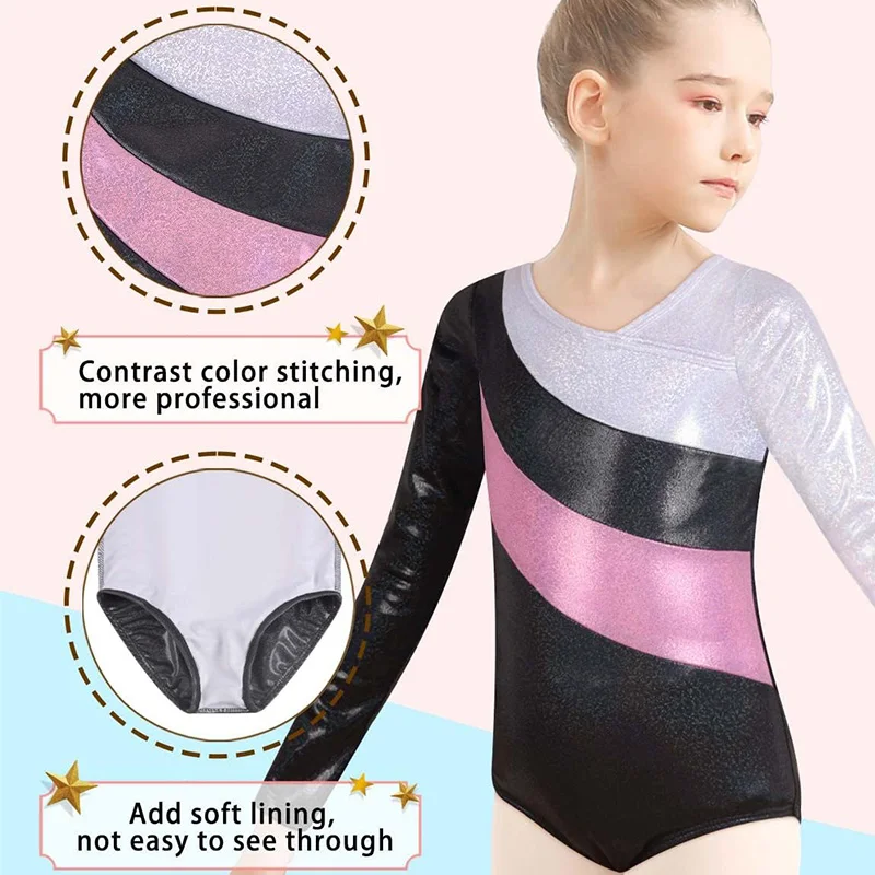 Ginnastica Top body manica lunga per ragazze body ginnastica Outfit Sparkly Tumbling Dance body Biketards 2-10 anni