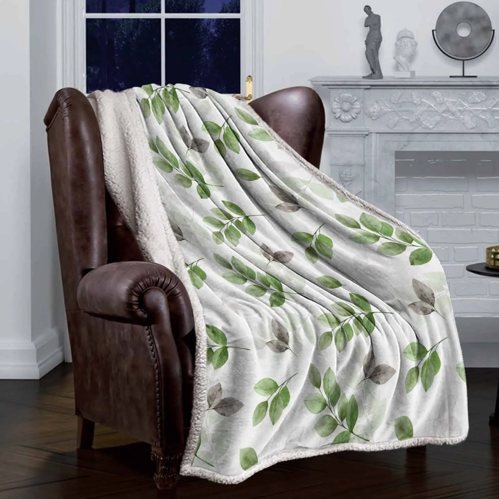 Eucalyptus Leaves, Green style double-layer thick winter blanket,soft and warm sheep wool crystal wool blanket,plush bed sheet