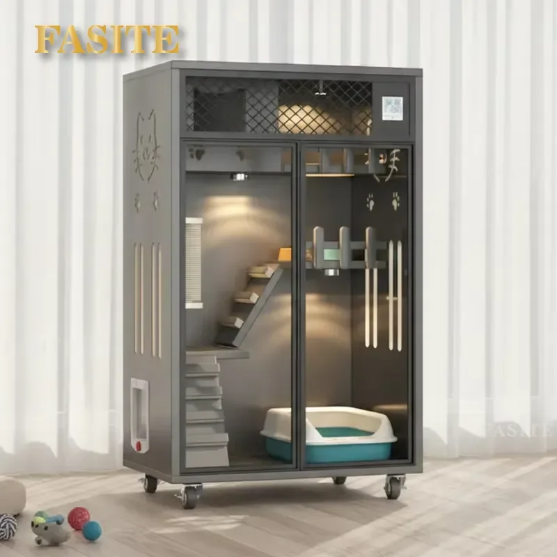 For Luxury Modern Solid Wood Cat Villa Breathable Waterproof Nest Indoor Movable Pet Cage House with Four Universal Wheels