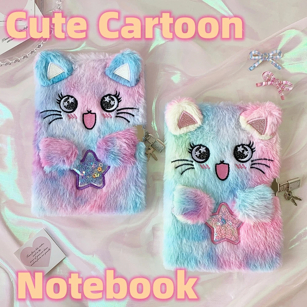 1pc Carnet A5 en peluche chat de dessin animé mignon avec cadenas, papeterie pour étudiants, cahier de devoirs pour la salle de classe, cadeaux de récompense pour filles, enfants et festivals