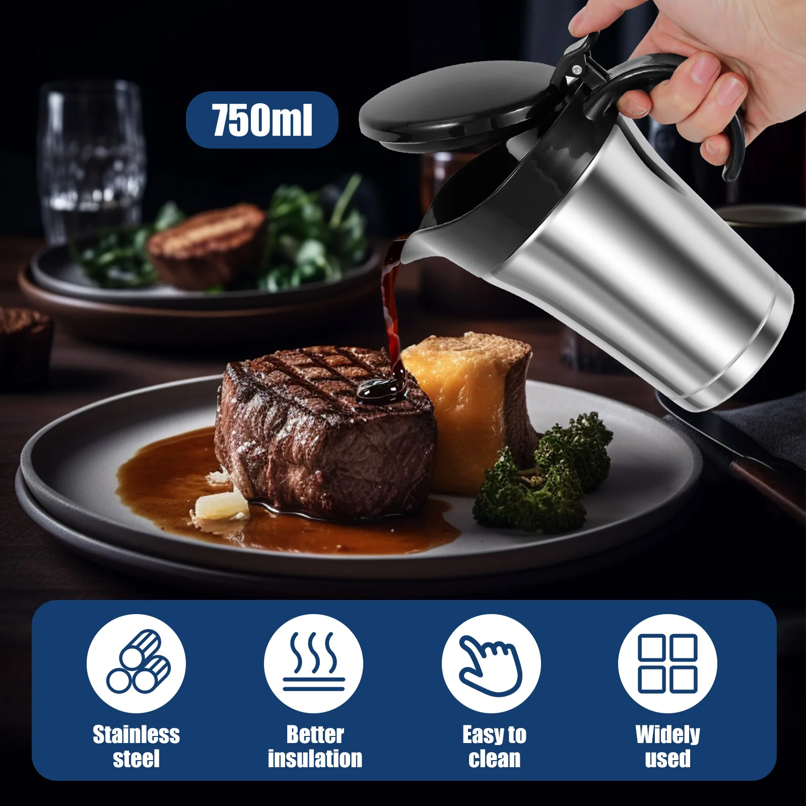 إبريق مرق معزول مزدوج مع غطاء مفصلي إبريق صلصة مرق من الفولاذ المقاوم للصدأ بسعة 750 مل إبريق تدفئة مرق إبريق متعدد الاستخدامات #2