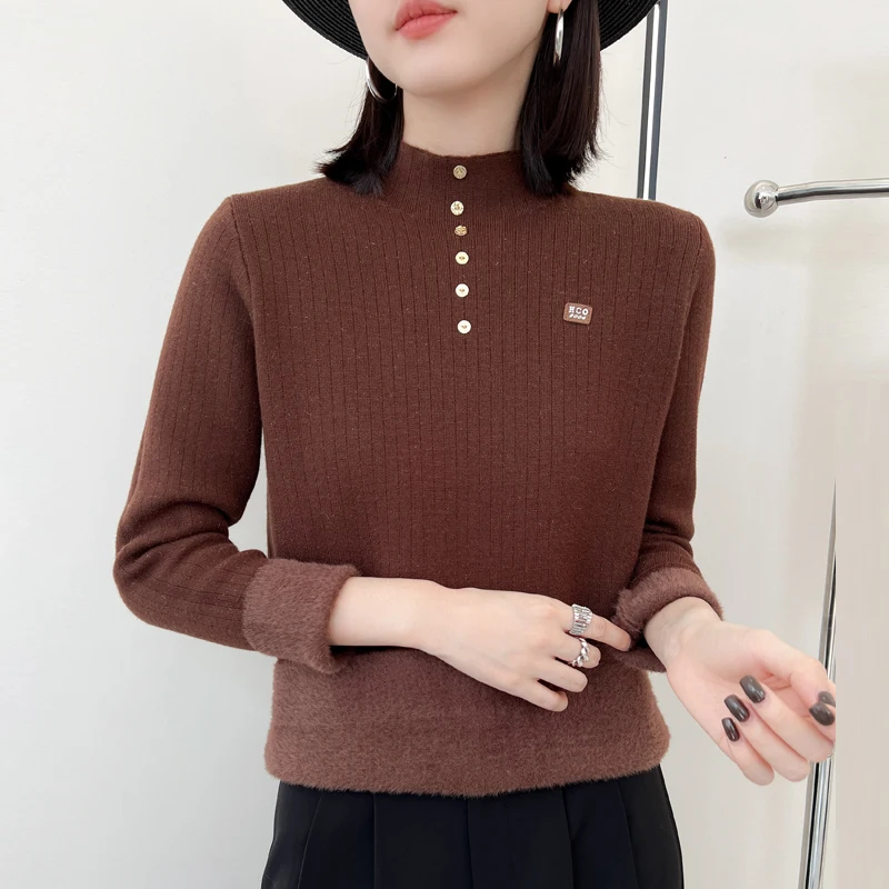 Wool blend 2024 autumn and winter new women's shiny silk thickened one-piece fleece semi high neck warm knit base sweater