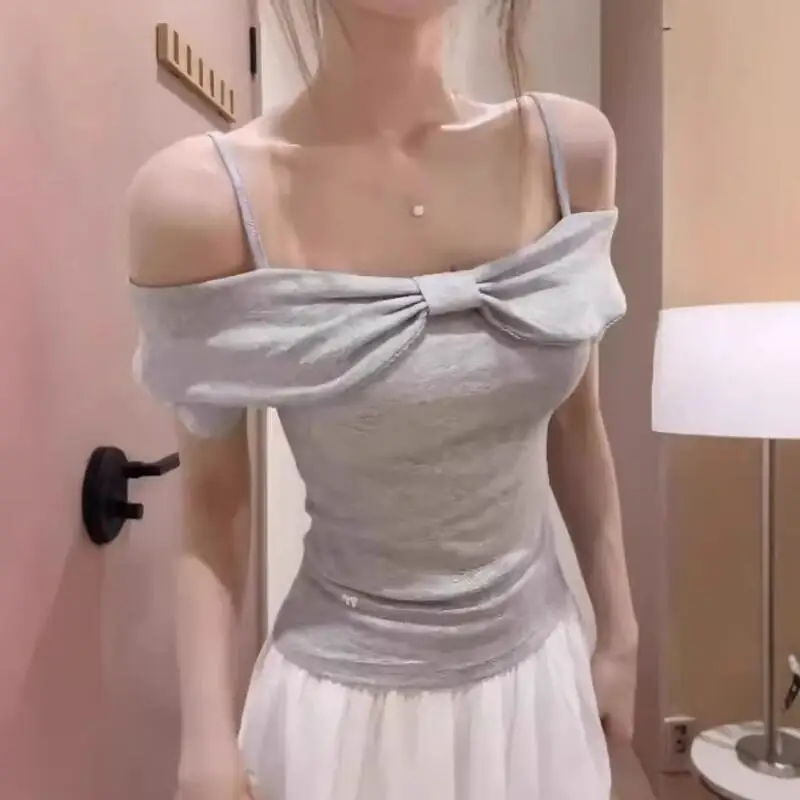 2026summer New Women Clothing Unique Pure Desire Style Bow Strap One Shoulder Niche Fashion Versatile Short Sleeve T-shirt Tops