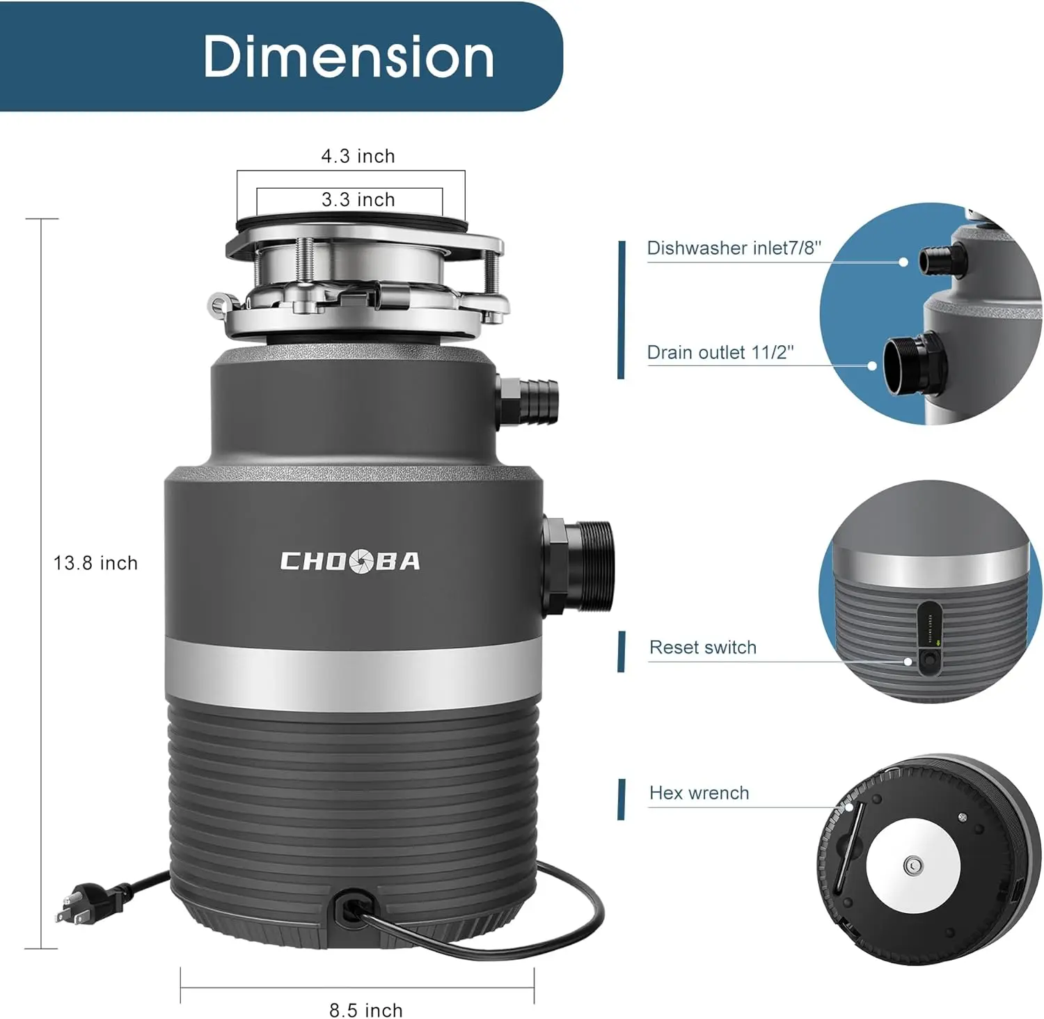 Continuous Feed Food Waste Disposal, Quiet Kitchen Garbage Disposal with Dishwasher Connection, Stainless Steel 5 Stage Grinding