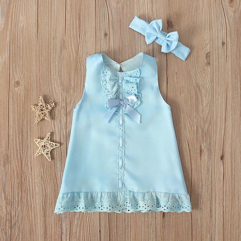 Newborn Baby Girls Dresses Summer Cute Bow Sleeveless Princess Party Birthday Lace Dress+Headband 2Pcs Kids Toddler Clothes