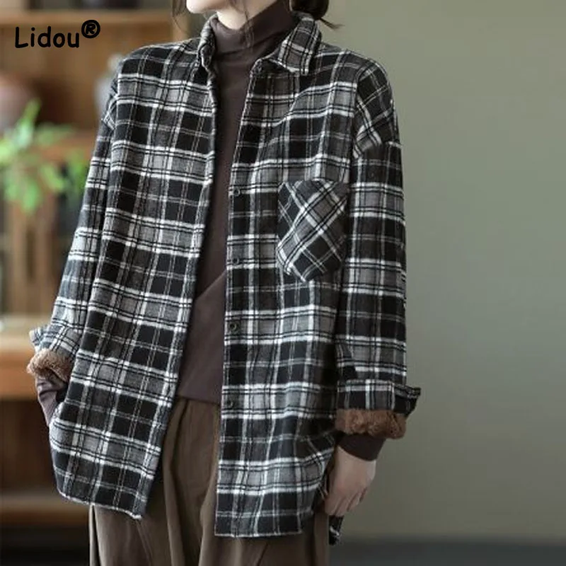 

Autumn Winter Women's Vintage Long Sleeve Fleece Plaid Coats Fashion Pockets Female Warm Single-breasted Turn-down Collar Shirt