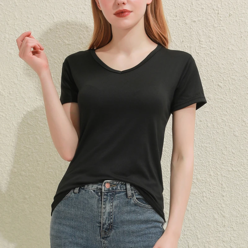 Solid Women Cotton T-shirt V-Neck Short Sleeve Female Tee Slim White And Balck T-Shirt Casual Solid Lady Tshirt Tops