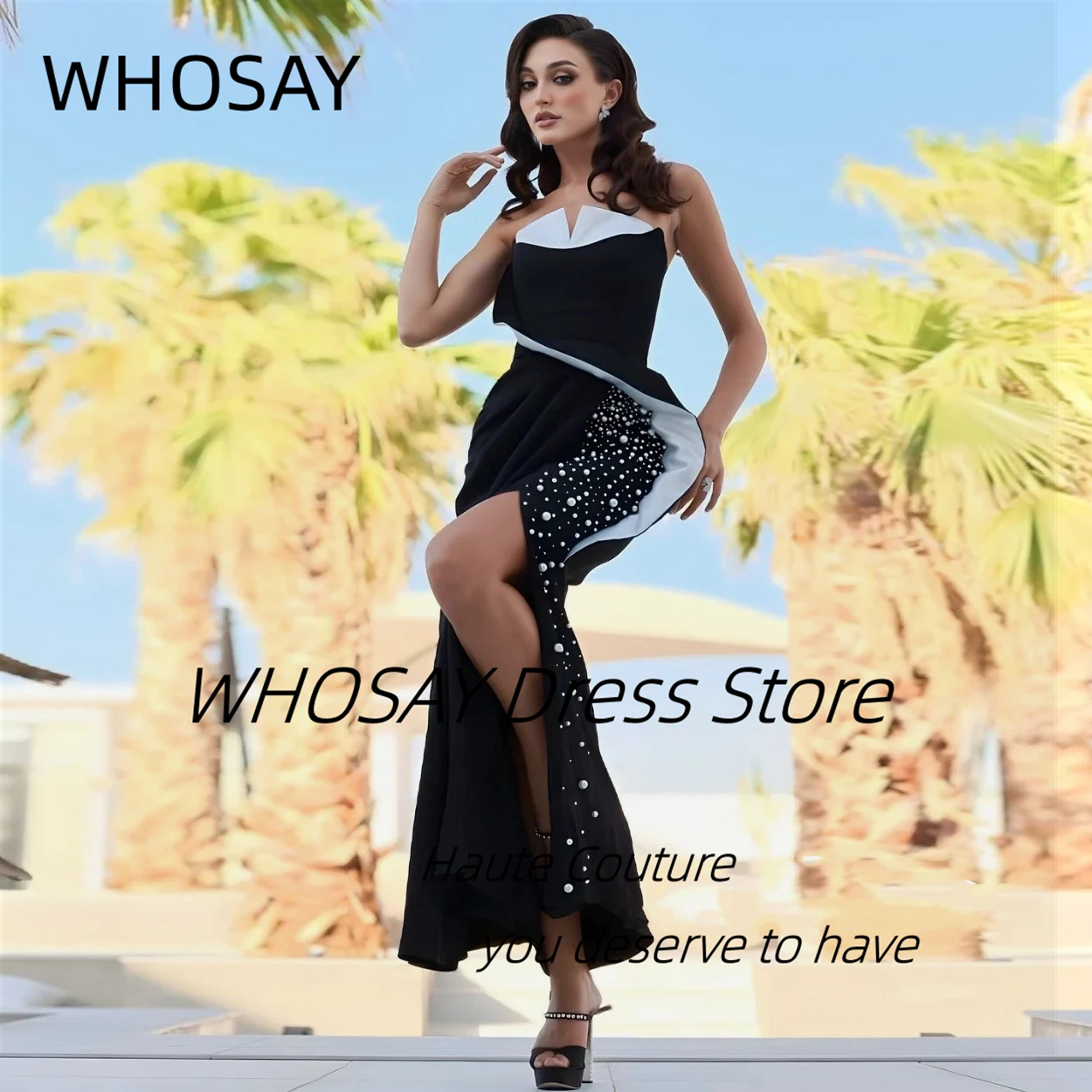 WHOSAY Customized Black&White Strapless Prom Dresses with Beaded Side Slit Robe Des Cocktail Party Dress Sexy Back Evening Gowns