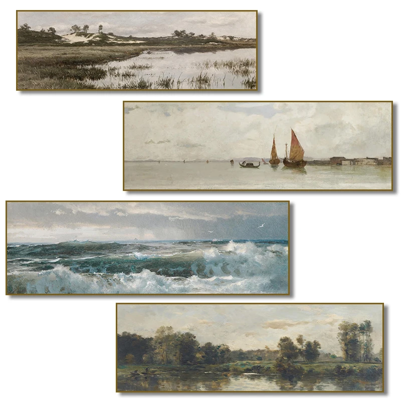 Sea Waves Seascape Boat Forest Lake Vintage Canvas Painting Poster Print for Living Room Home Decor Cuadros