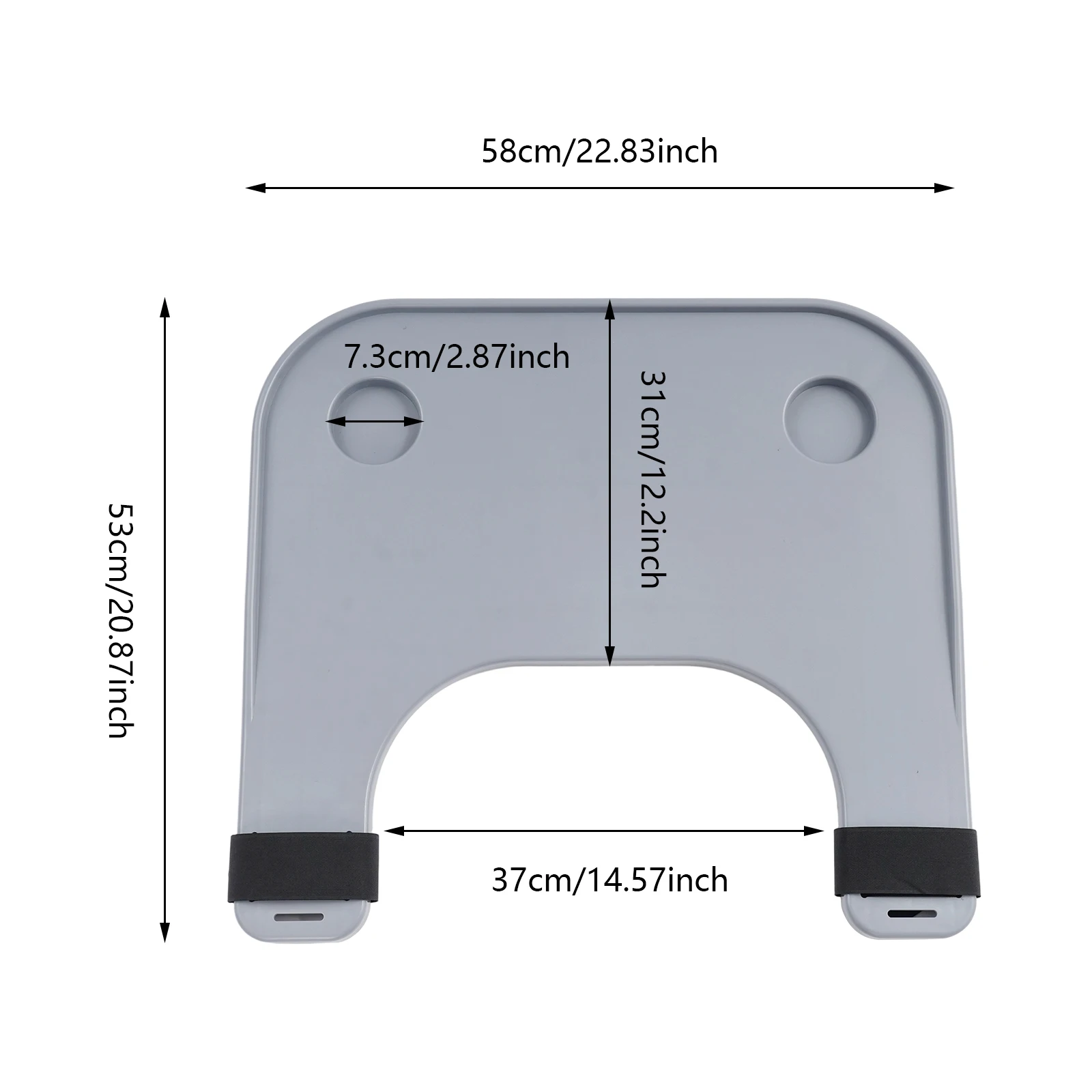 Серый поднос для инвалидных колясок — 22,83x20,87 дюйма, 2 подстаканники, нагрузка 110 фунтов, ленты на липучке для дома/медсестер