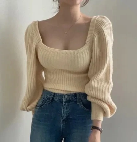 Retro Gestrickte Lange Blase Quadrat Kragen Slim Fit Taille Cinched Farbe Pullover Frauen Frühling Herbst Basis Schicht