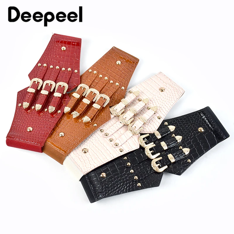 Deepeel 1pc 13*70cm New Fashion Women PU Metal Cummerbunds Rivet Elastic Decorative Corset Luxury Female Harness Waist Belt