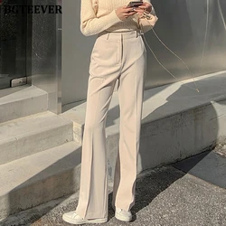 BGTEEVER Stylish High Waist Flare Trousers for Women Spring Pockets Wide Leg Suit Pants Female