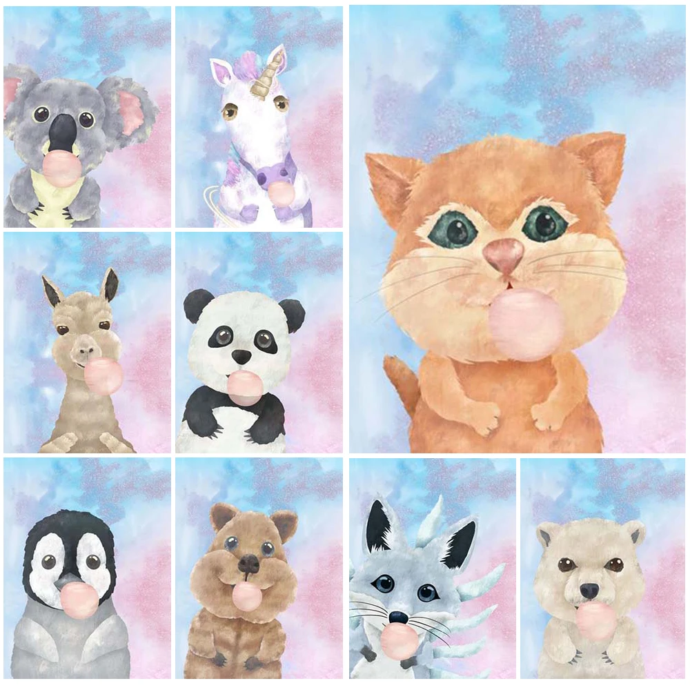 

Cute Bubblegum Animal Kawaii Cartoon Nursery Nordic Poster Wall Art Canvas Painting Wall Pictures For Living Room Unframed