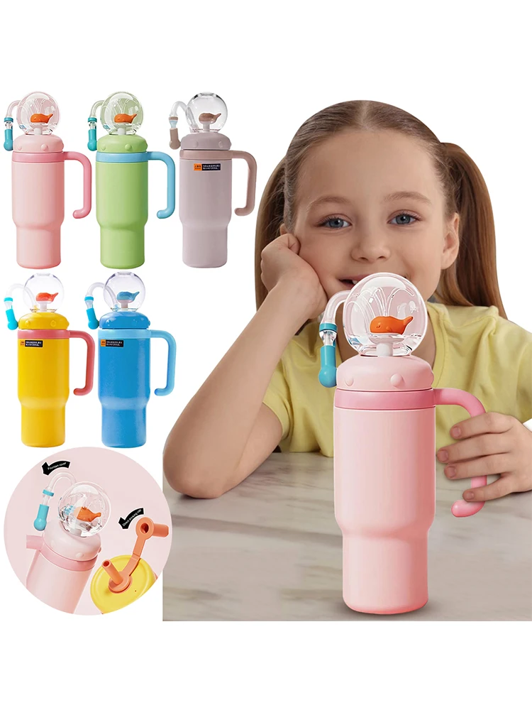 710 ml Edelstahl-Walbrunnenbecher mit Griff, auslaufsicherer Wal-Spritzer-Trinkbecher, Wasserflasche mit Strohhalm, kreatives G