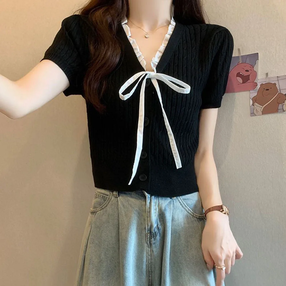 Милая футболка с оборками Y2k для женщин, вязаная футболка с v-образным вырезом, весна-лето, контрастного цвета, Ropa De Mujer, корейская мода, милые майки