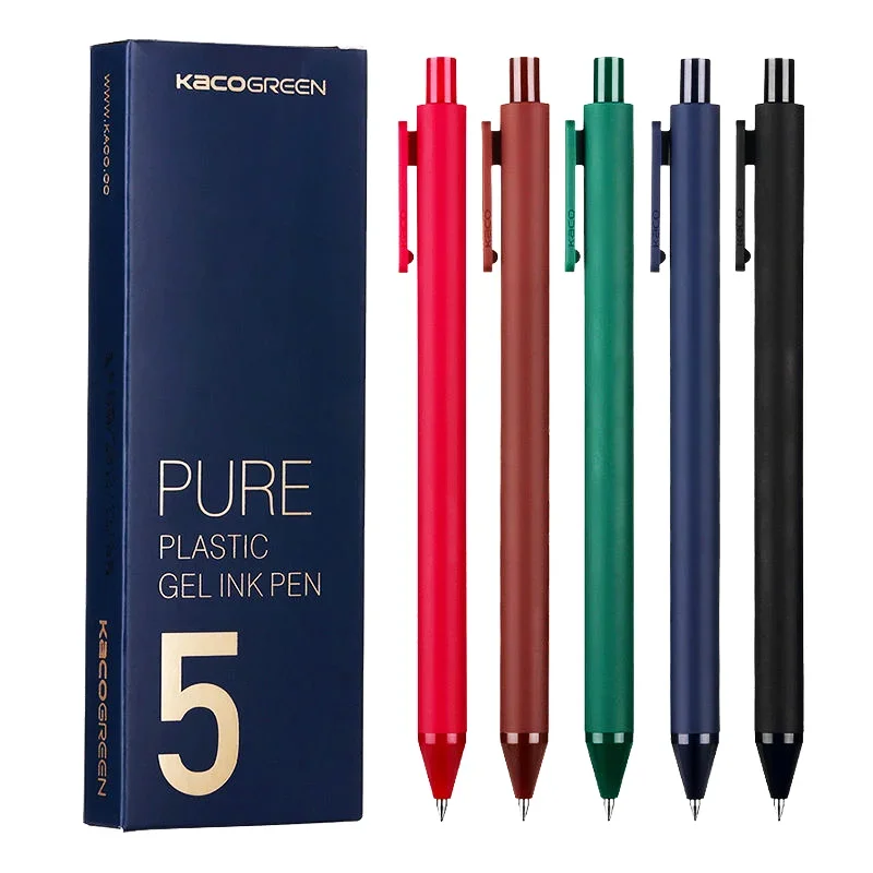 Kaco Pure Retractable Gel Pens 0.5mm Fine Point Dark Red/green/blue/brown Black Retro Colored Pens for  5pcs/box