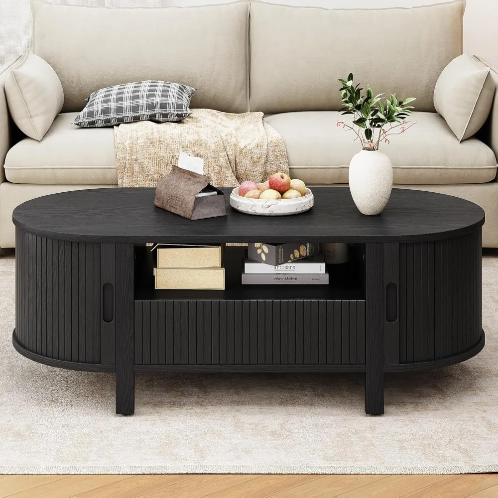 Mesa de centro oval de 47,2 polegadas com armazenamento, mesa de centro moderna de meados do século com gaveta, mesa central com porta deslizante e madeira F