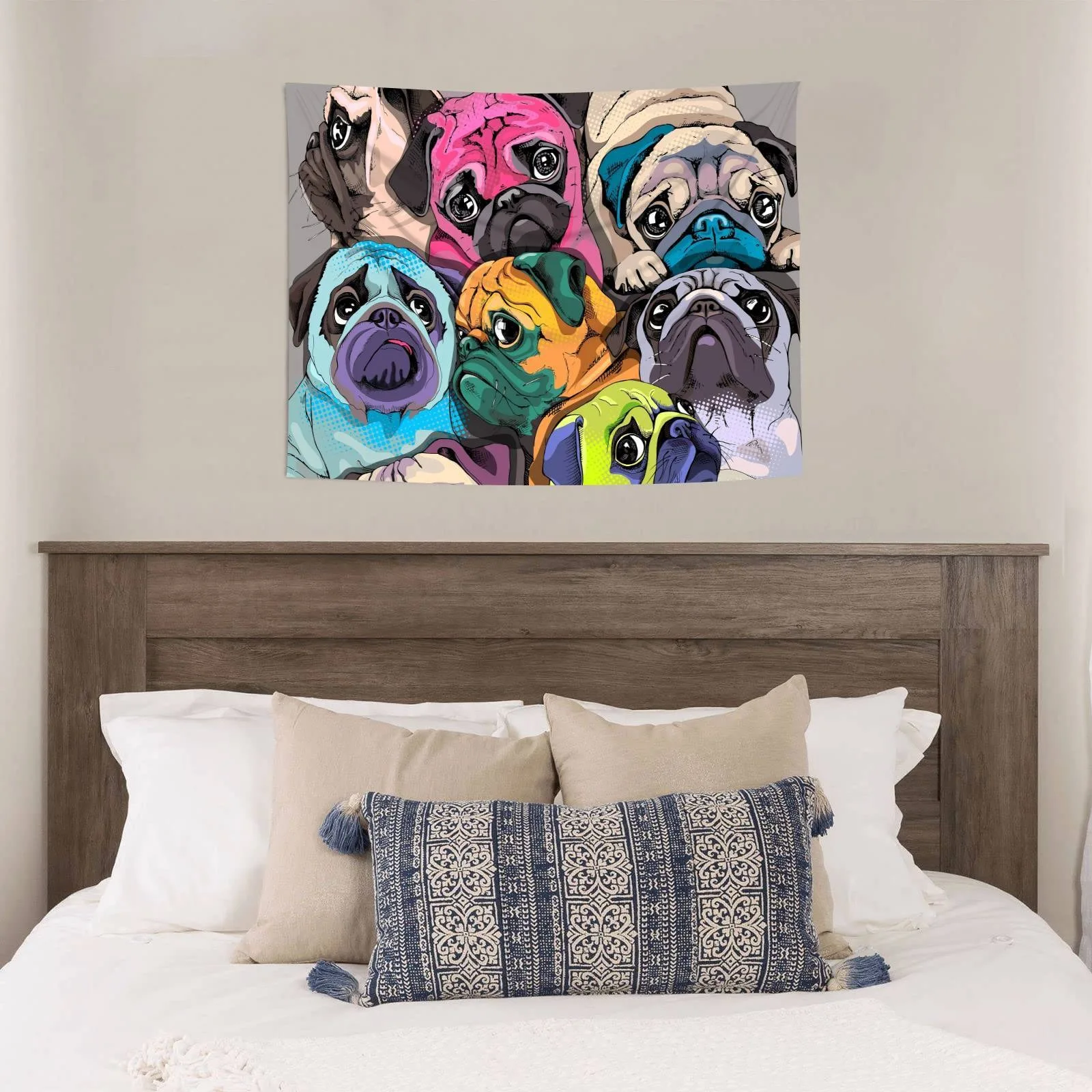 Colorful Pug Tapestry, Pop Art Style Dog Wall Hanging, Funny Pet Dorm Bedroom Decor, Vibrant Canine Art for Animal Lovers Room