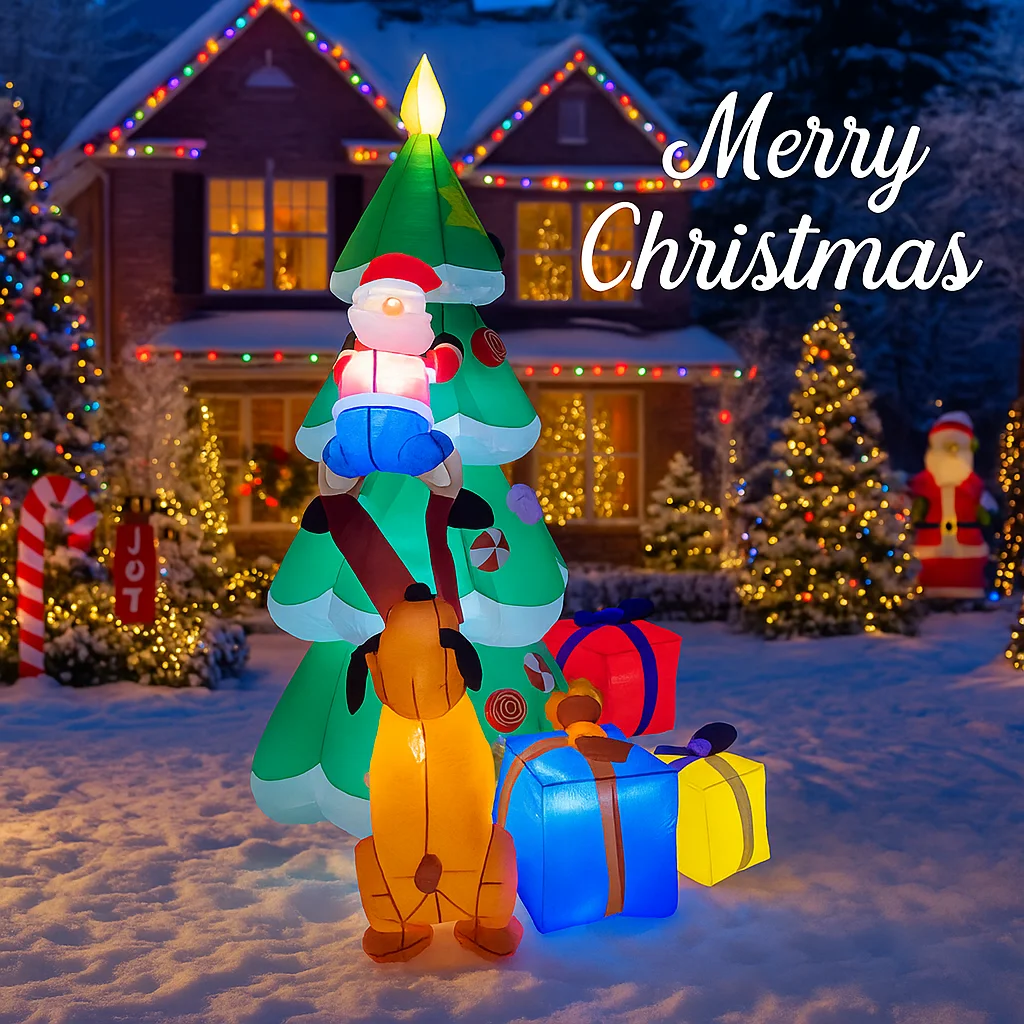 6.89FT LED مضاءة لعبة قابلة للنفخ شجرة عيد الميلاد ديكور مجموعة سانتا كلوز الكلب الهدايا صندوق عيد الميلاد ساحة لوازم زخرفة المنزل هدية احتفالية