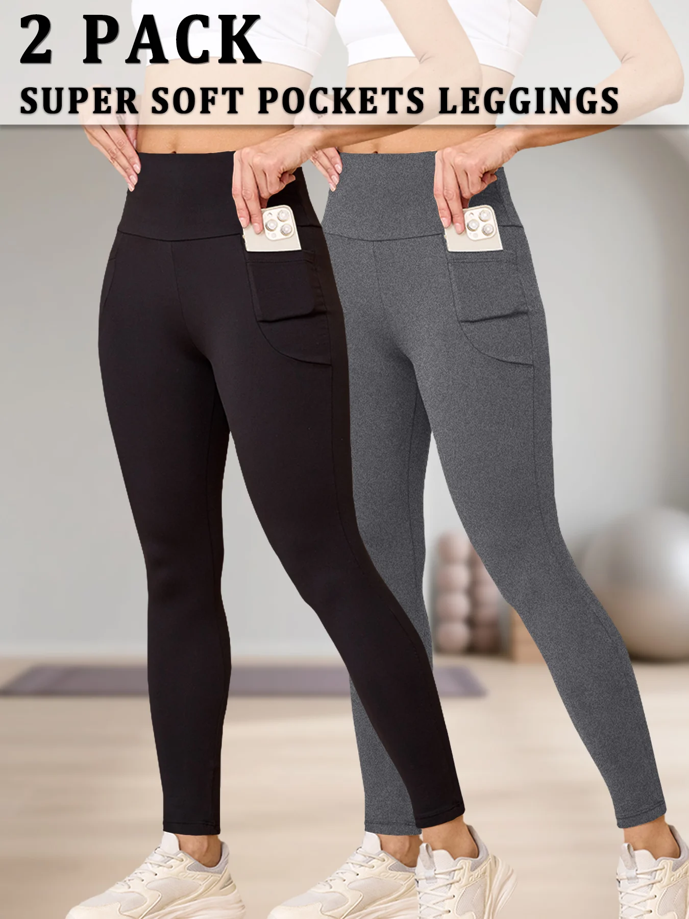 2 حزمة طماق رياضية فائقة النعومة مع جيوب للنساء عالية الخصر تجريب اليوغا الجري السراويل الضيقة رفع الصالة الرياضية اللياقة البدنية #1