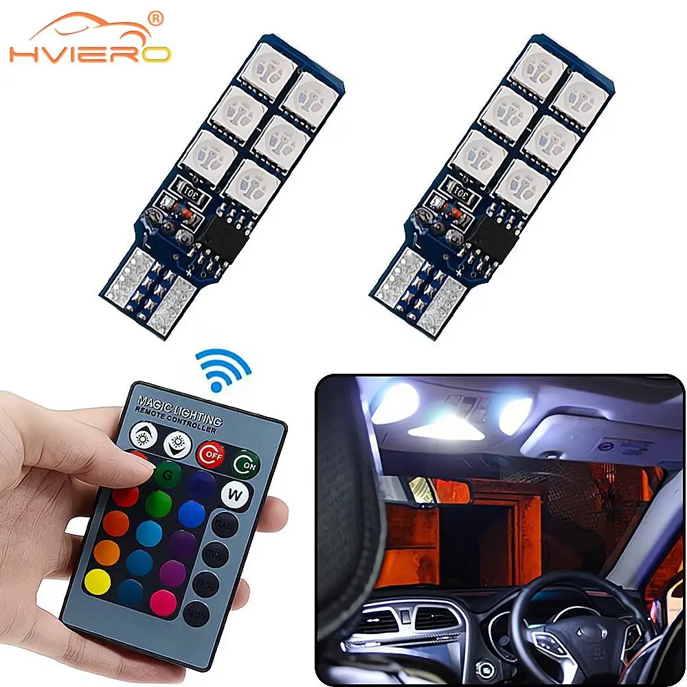 2Pcs Auto Interior Decoration Lamp T10 W5W 5050 12SMD Atmosphere Dome Light Reading RGB Bulbs Remote Controller Car Accessories